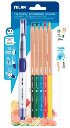 Set 5 Creioane colorate tip acuarela + pensula cu rezervor - Milan