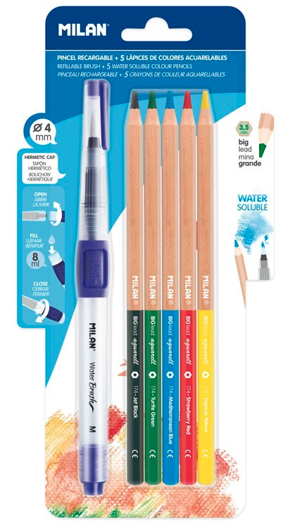 Set 5 Creioane colorate tip acuarela + pensula cu rezervor - Milan